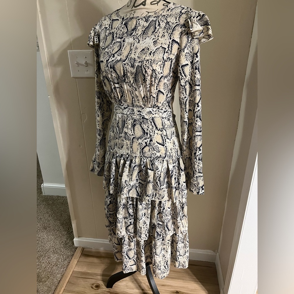 Juniors cream and blue snake skin dress.